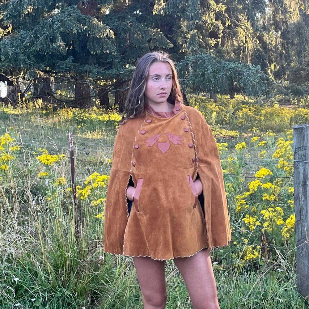 Cape Capelet Suede Leather Vtg Women's Tan Brown Lined With Pocket Jacket Sz S/M